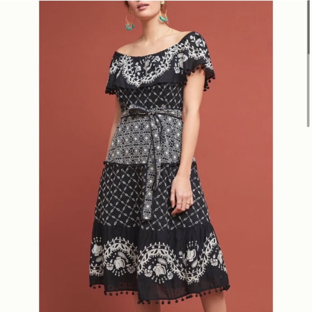 Anthropologie Black and White Off-Shoulder Midi Dress